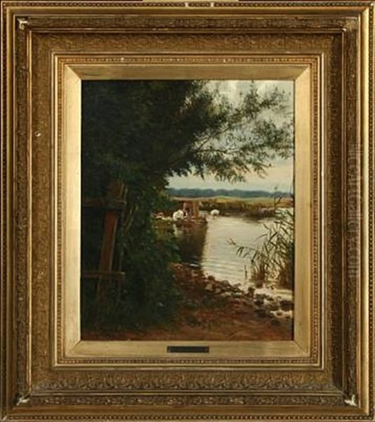 A Woman Washing Clothes By The Lake Shore - view 1