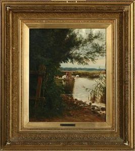 A Woman Washing Clothes By The Lake Shore