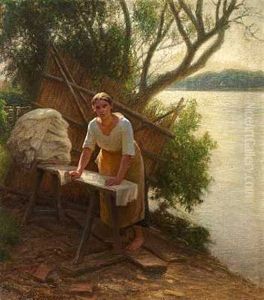 En Vaskepige Ved Esrum So by Hans Ole Brasen