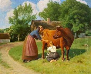 Ung Pige Der Laerer At Malke En Ko En Solrig Sommerdag