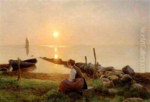 En Ung Pige Betragter Solnedgangen Over Fjorden En Ung Pige Betragter Solnedgangen Over Fjorden