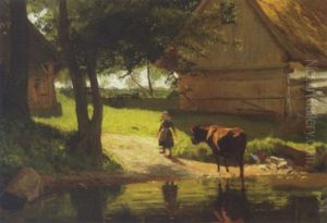 En Lille Pige Med En Rod Ko Ved Vandingsstedet by Hans Ole Brasen