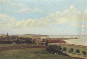 Udsigt Over By Med Kirke Og Havn, I Forgrunden Marker