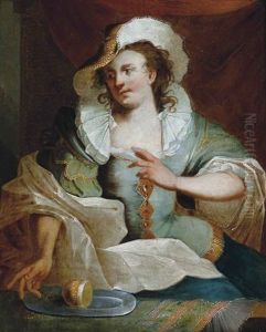 Portrait Of A Lady, Three-quarter-length, In An Embroidered Blue Dress With A Brown Hat, Seated Beside A Partly-draped Table With A Lemon On A Pewter Plate