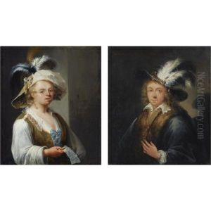 Portrait Of A Lady, Wearing A Pastoral Dress With A Wide-brimmed Feathered Hat (+ Portrait Of A Gentleman, Wearing A Fur-trimmed Black Coat; Pair)