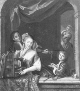 A Young Woman Standing At A Window With A Bird Cage, A Young Boy And A Man With A Violin Nearby
