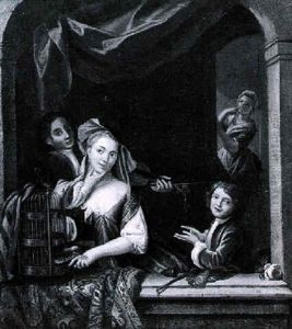 A Young Woman Standing At A Window With A Bird Cage, Accompanied By Other Figures