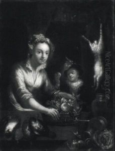 Woman Standing By A Draped Stone Niche Holding A Basket Of Fruit