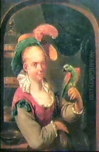 A Lady Standing In A Niche Window Before A Gilded Birdcage - view 1