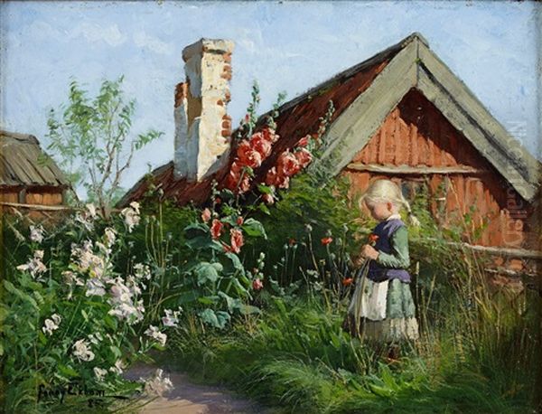 Flicka I Blommande Tradgard Med Stockrosor Och Vallmo - view 1