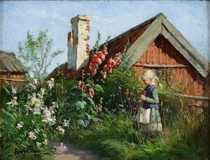 Flicka I Blommande Tradgard Med Stockrosor Och Vallmo by Fanny Brate