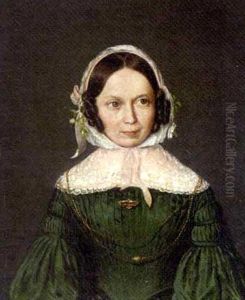 Portrait Of A Lady In A Green Dress With A Lace Collar And White Bonnet