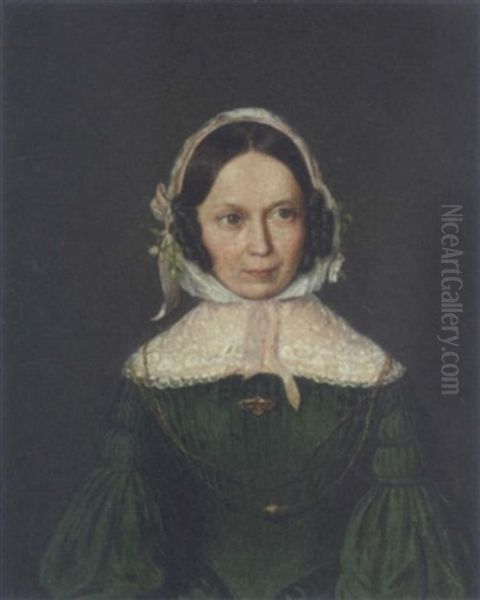 Portrait Of A Lady, In A Green Dress With A Lace Collar And White Bonnet - view 1