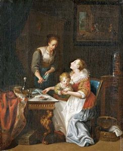 Mother And Child With Maid by Adam Johann Braun