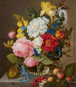 Roses, Iris, Forget-me-nots, Tufted Pansy And Other Flowers In A Glass Vase by Adelheid Friedericke Braun