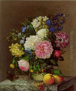 Peonies, Cornflowers And Other Flowers In A Glass Vase With Peaches, Currants And A Butterfly On A Marble Ledge