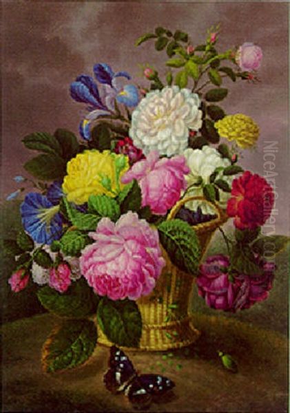 Roses, Irises And Other Flowers In A Basket - view 1