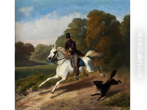 Ausritt Eines Herrn Mit Zylinder Auf Einem Schimmel In Begleitung Eines Hundes - view 1