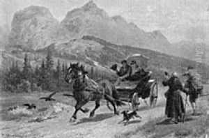 Ausfahrt. Pferdekutsche Auf Einer Gebirgsstrase Begegnet Zwei Wanderern by Louis Braun