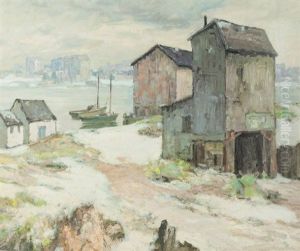 Snow Along The River, Structures And Boats Near A River by Maurice Braun