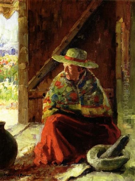 A Woman In A Red Skirt And A Colorful Shawl With A Mortar And Pestle - view 1