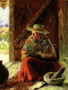 A Woman In A Red Skirt And A Colorful Shawl With A Mortar And Pestle