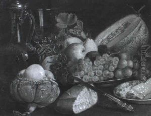 Stilleben Mit Fruchten, Brot, K,se, Glas Und Karaffe
