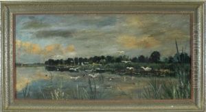 Aufgeschreckte, Fliegende Enten In Weiter Seenlandschaft by Wilhelm Hans Braun