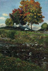 Herbstliche Landschaft Im Wienerwald Mit Kleinem Bachlauf Und Dampflokomotive