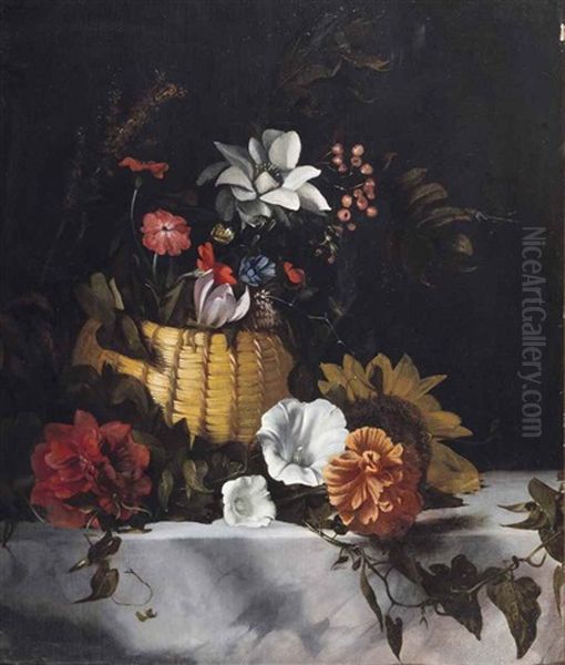 A Basket Of Flowers On A Marble Ledge - view 1