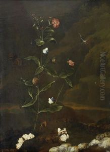 A Carnation, Banded Snails, A Damsel-fly, A Red Admiral And Various Other Butterflies In A Forest by Dirk de Bray