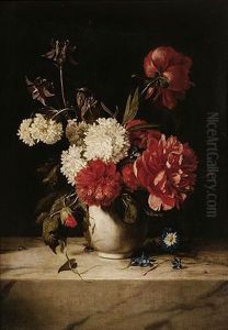 Still Life Of Peonies, Columbine, Morning Glory And Other Flowers In A Vase Upon A Marble Ledge With A Bee And A Ladybird by Dirk de Bray