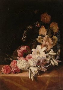 A Basket Of Summer Flowers Including Roses, Lilies, Hollyhocks And Irises On A Pink Marble Ledge by Dirk de Bray