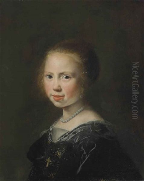 Portrait Of A Young Girl In A Black Dress And Pearl Necklace - view 1