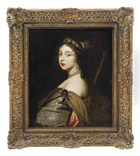 Portrait Of A Lady In An Embroidered Gown With Pearls, A Staff By Her Right Shoulder - view 1
