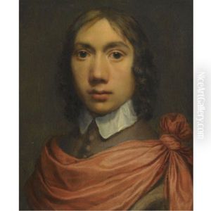 Portrait Of A Young Man, Head And Shoulders In A Brown Coat With A White Collar And A Red Sash