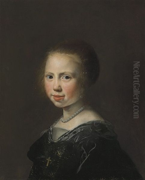 Portrait Of A Young Girl, Bust-length, In A Black Dress And Pearl Necklace - view 1