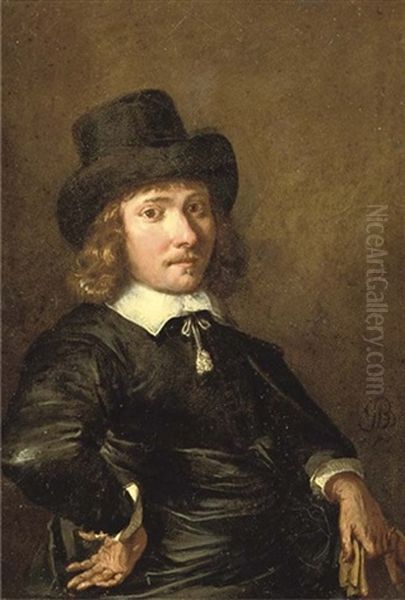 Portrait Of A Gentleman In A Black Costume With White Cuffs And Collar, A Black Hat, Holding A Pair Of Gloves In His Left Hand - view 1