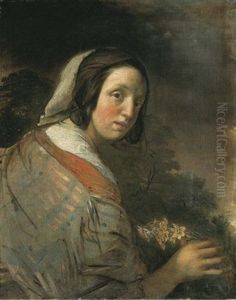 Portrait Of A Young Woman, Half-length, Holding A Posy Of Narcissi In Her Right Hand