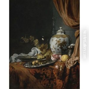 A Blue And White Faceted Vase, A Rose And Walnuts On A Pewter Plate, A Wan-li Kraak Porcelain Bowl, A Silver Wine Cooler, A Wineglass, A Glass, A Lemon And Roses On A Table Draped With A Carpet