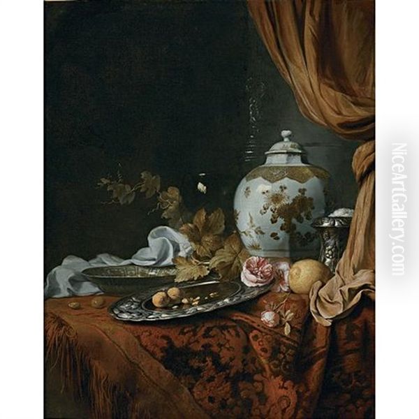 A Blue And White Facetted Vase, A Rose And Walnuts On A Pewter Plate, A Wanli Kraak Porcelain Bowl, A Silver Wine Cooler, A Wineglass, A Glass, A Lemon And Roses On A Draped Table - view 1