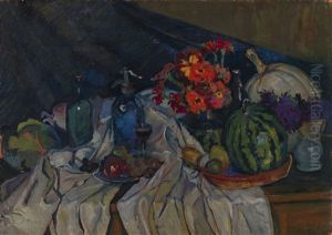 Still Life With Watermelon And Flowers