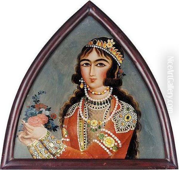 Reverse-glass Painting Of A Jewelled Maiden Holding A Small Bouquet Of Flowers, Persia, Qajar, Style Of Mihr Ali, Early 19th Century - view 1