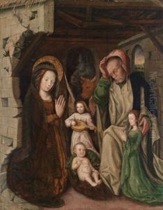 Die Geburt Christi Oder Die Heilige Nacht, Rechts Unten Die Stifterin In Grunem Kleid by Ludovico Brea