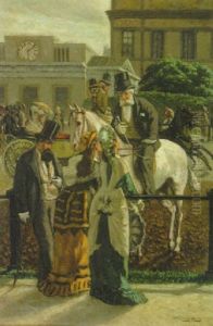 Zwei Damen Und Ein Herr Im Gesprach Mit Einem Reiter Auf Belebter Strase by William A. Breakspeare