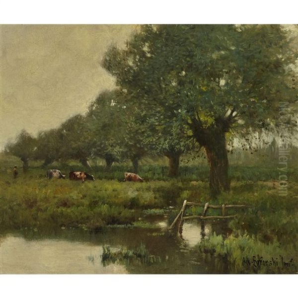 Shepherd With Flock Near A Riverbank - view 1