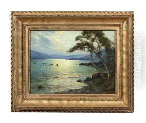 Moonlight On The Lower Lake, Killarney (from Innisfallen Island) by Alfred Fontville de Breanski Jr