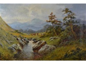 Highland Cattle In A Mountainous Landscape by Alfred Fontville de Breanski Jr