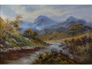 A River In A Highland Landscape by Alfred Fontville de Breanski Jr
