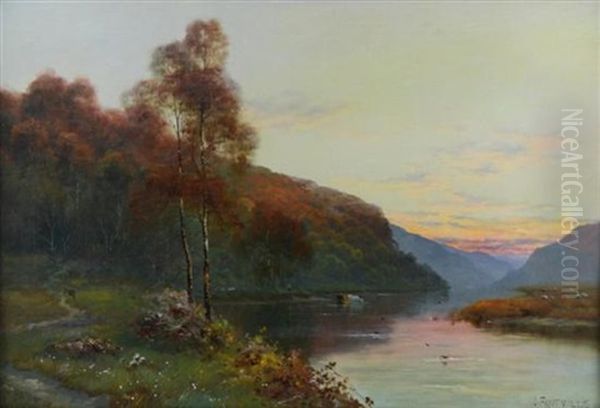 River Landscape With Trees And Cattle - view 1